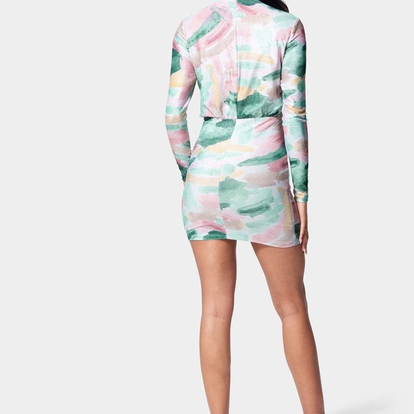 Bebe PRINTED BLOUSON LUREX MINI DRESS brush print color - Picture 4 of 10